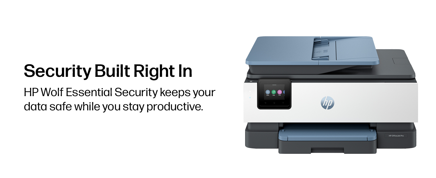 Text reads 'Security Built Right In' and 'HP Wolf Essential Security keeps your data safe while you stay productive.' Image shows stacked HP printer/scanner devices with security indicator.