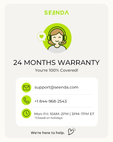 Text reads "STENDA" with circular logo showing illustrated face, "24 MONTHS WARRANTY You're 100% Covered", "support@stenda.com", "1-844-868-2543", "Mon-Fri 10AM-3PM | 3PM-10PM ET", "Closed on Holidays", "We're here to help". Warranty and support information card.