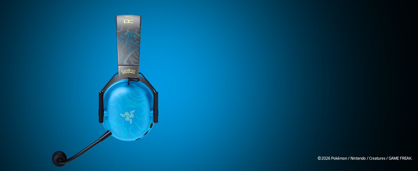 Blue wireless gaming headphone against dark blue gradient background. Headset features ear cups with blue accent coloring and boom microphone arm attached.