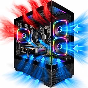 Black gaming PC tower case with tempered glass side panel featuring dual RGB LED fan arrays glowing in blue and green, internal component visibility, front mesh panel intake.