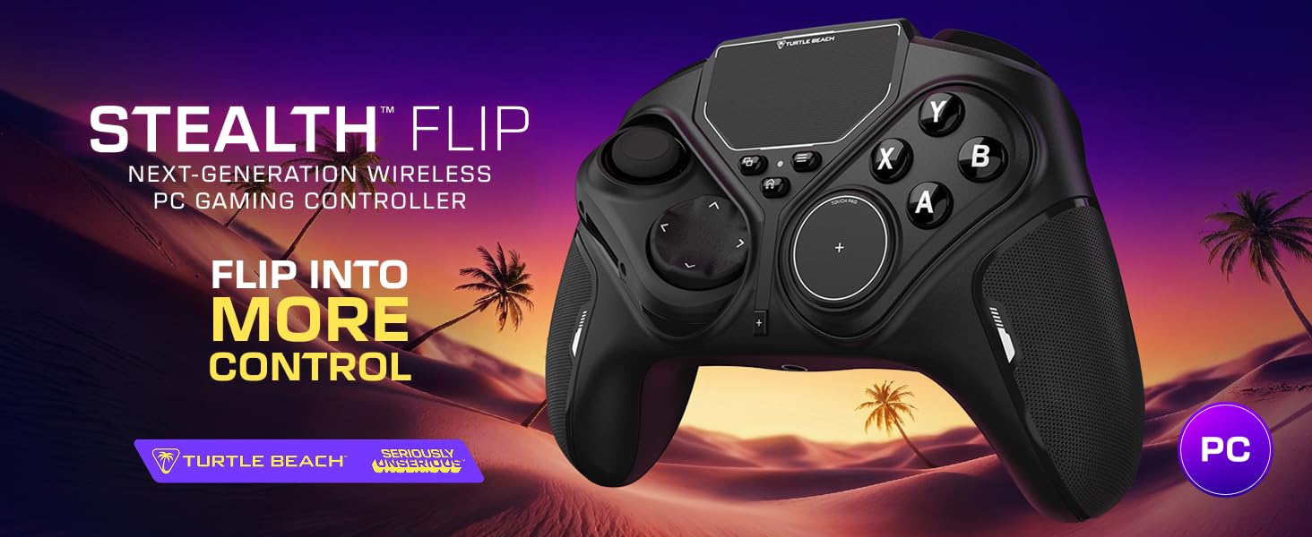 Text reads 'STEALTH FLIP', 'FLIP INTO MORE CONTROL', 'Advanced Controller', 'PC'. Black wireless gaming controller on purple gradient background with sunset imagery, featuring dual analog sticks and multiple buttons.