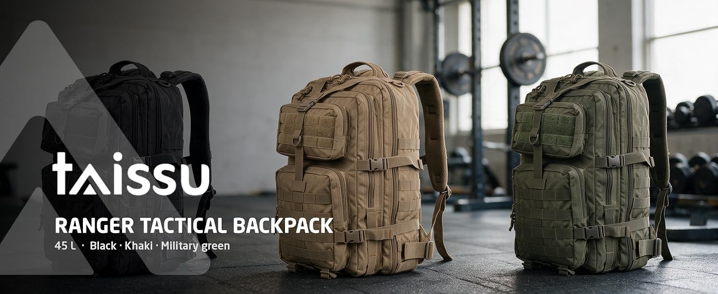 Text reads 'TAISSU RANGER TACTICAL BACKPACK'. Image shows dark-colored tactical backpacks displayed against urban background with concrete pillars.