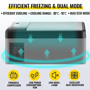 Text reads 'LARGE CAPACITY FOR STORAGE', '20 BOTTLES', '25KG ICE', '15L'. Portable cooler with open lid displaying freezer compartment containing ice and frozen items, featuring large storage capacity specifications.
