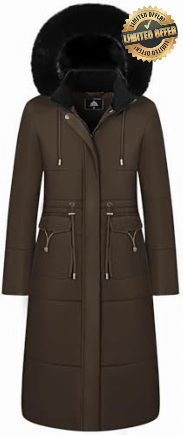 MOERDENG Women's Long Winter Puffer Coat Waterproof Warm Maxi Down Jacket Faux Fur Removable Hood Parka