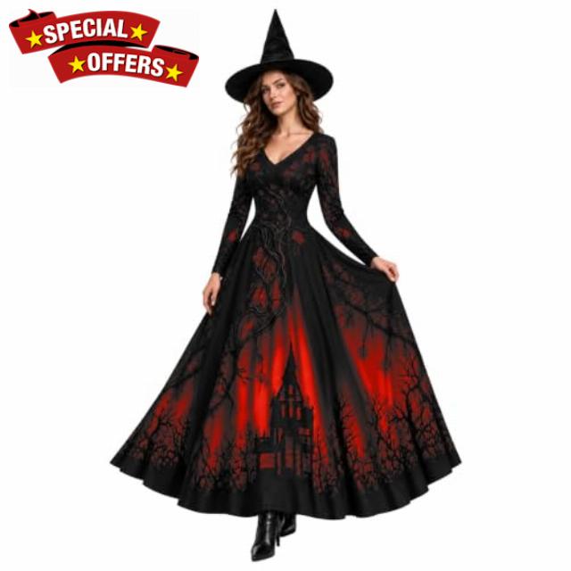 Witch Costume for Women Halloween Gothic Lace Dress Branch Print Floor Length Dresses V-Neck Long Sleeve A-Line Vampire Evening Gown for Fancy Dress Party Events Cosplay