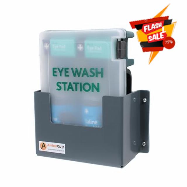 Eye Wash Station with Wall Storage Bracket                                                          Sterile Solution with Eye Pads in Tough Box. Ideal for Van & Workshop Use.