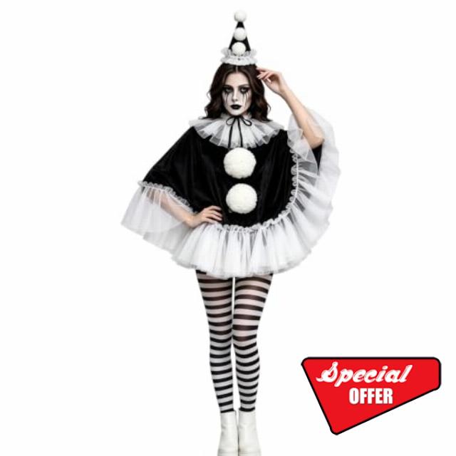 Clown Costume Women Halloween Pierrot Clown Costume Cloak Jester CosplaySet                                                          4 pcs Halloween Cosplay Outfits