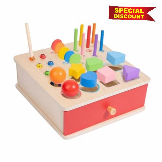 Amagogo Wooden Activity Box Open-Ended Shape Sorting Peg Toy with Posting Play Multi-Function Shape Sorter Puzzle for Infants