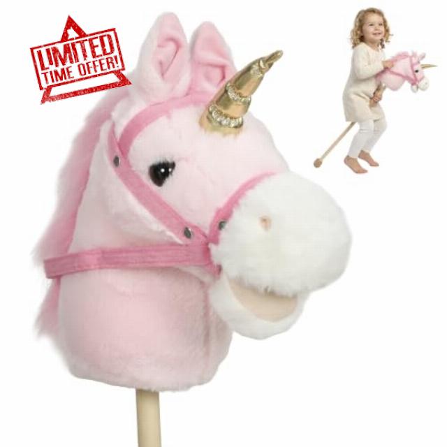 AIYAPLAY Unicorn Hobby Horse with Wood Wheels Stick Horse 95 cm Pink                                                          Plush Hobby Horse Toy