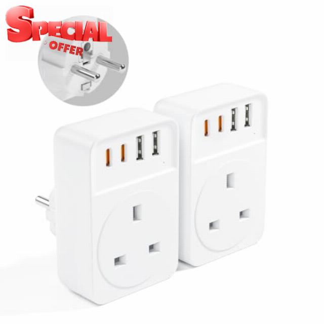 UK to European Travel Adaptor with 4 USB (2 USB-C PD 20W) Type E/F 2 Pack                                                          Europe to UK Power Plug Adapter for Germany Spain France Iceland Greece Poland Netherlands Austria Turkey etc