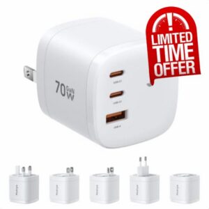 Mukiya 70W GaN Rotatable Universal Travel Adapter for EU/UK/US/AUS                                                          International Plug Adapter with 2 USB-C & USB-A