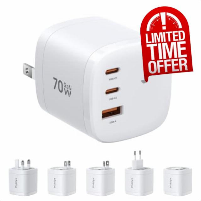 Mukiya 70W GaN Rotatable Universal Travel Adapter for EU/UK/US/AUS                                                          International Plug Adapter with 2 USB-C & USB-A