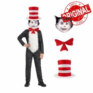 Cat Costume In The Hat Kids Scary Cat Halloween Costumes Dress Up Outfit                                                          Funny Cat Costume with Striped Hat
