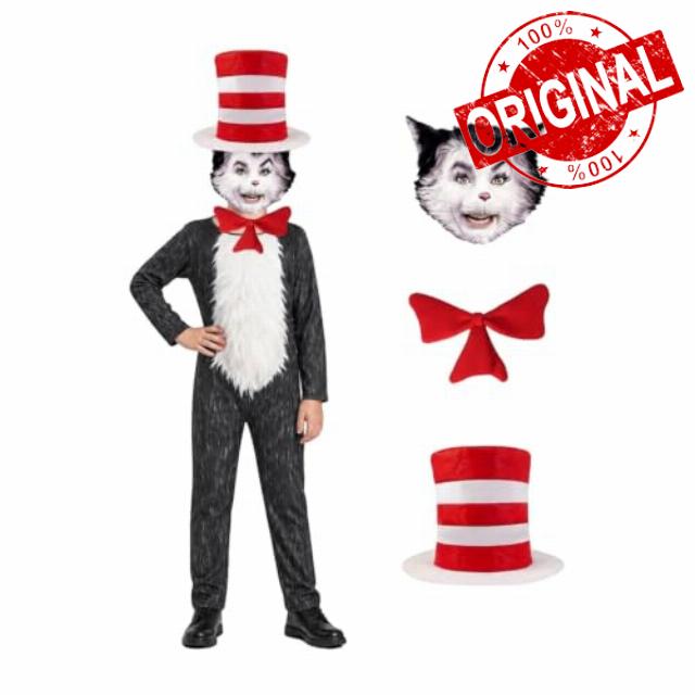 Cat Costume In The Hat Kids Scary Cat Halloween Costumes Dress Up Outfit                                                          Funny Cat Costume with Striped Hat