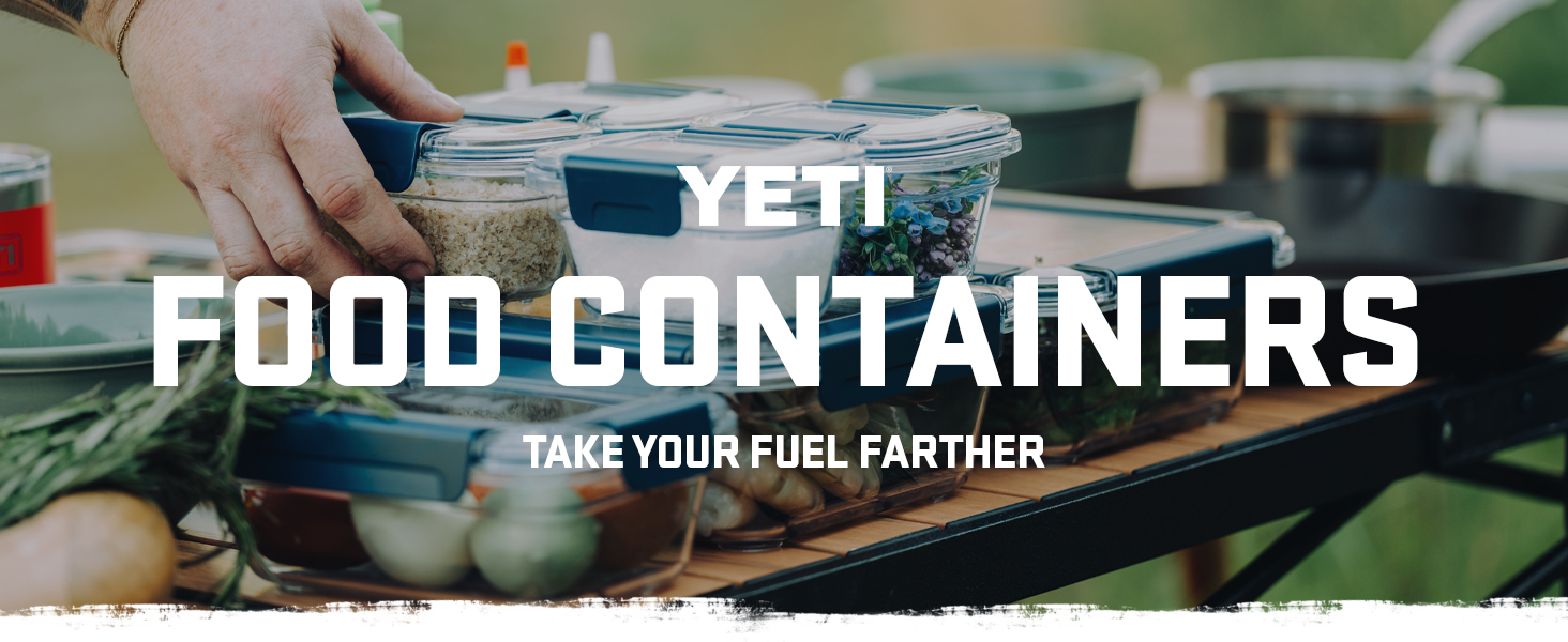 Text reads "YETI" and "FOOD CONTAINERS" and "TAKE YOUR FUEL FARTHER." Promotional image showing Yeti branded food containers displayed near a vehicle outdoor setting.