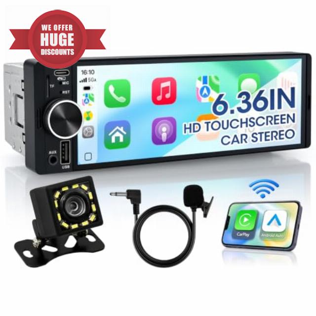 Single Din Car Stereo Radio with Wireless CarPlay and Android Auto                                                          6.36 Inch HD IPS Touchscreen Bluetooth Car Radio Head Unit with Reverse Camera