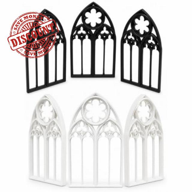 LUOZZY 6pcs Miniature Gothic Window Frames 1/12 Scale Dollhouse                                                          Black White European Arch Church Style Micro Landscape Diy Fairy Garden Halloween Decor Model Building Supply