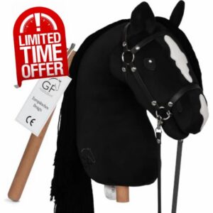 GaloppFreude® Hobby Horse Black - Large A3 Hockey Horse with Screw Rod & Bridle - Hobby Horsing Horse for Riding for Children & Stick Horse with Long Mane - Includes Horse Accessories (Black)