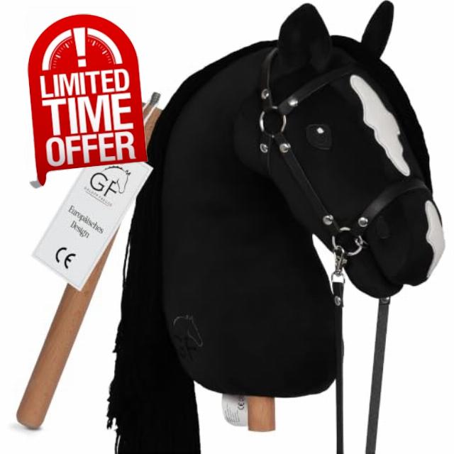 GaloppFreude® Hobby Horse Black - Large A3 Hockey Horse with Screw Rod & Bridle - Hobby Horsing Horse for Riding for Children & Stick Horse with Long Mane - Includes Horse Accessories (Black)