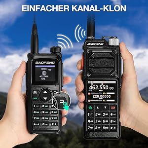 Two-way radio battery pack with 2200mAh capacity, long-lasting, and USB-C charging. Features USB-C port on side. Baofeng brand visible on silver label.