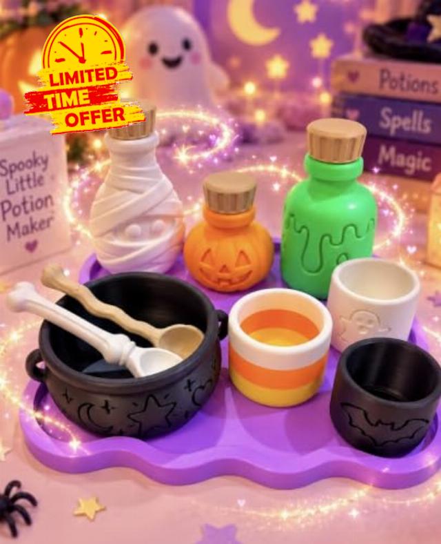 Halloween Potion play set kit Sensory Play 3D Printed Potion Making                                                          with Bottles Bowl Spoon Cups Pretend Potion Interactive Activity Creative Birthday Holiday Gif