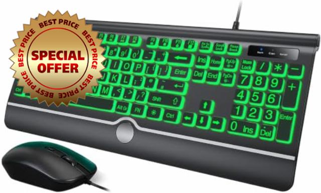 Large Print Backlit USB Keyboard and Wired Mouse Set