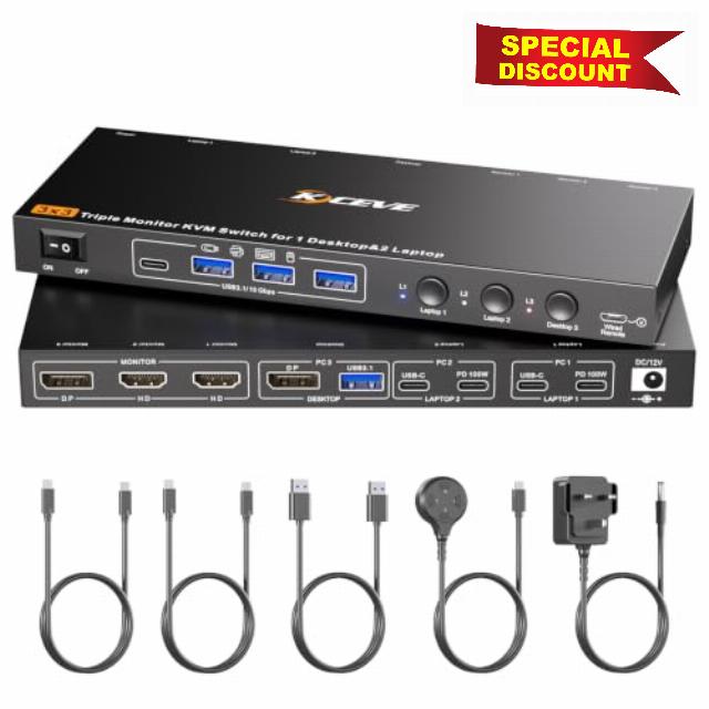 4K@60Hz USB C DP KVM Switch 1 PC 2 Laptop Sharing 3 Monitors and 4 USB3.1 Ports