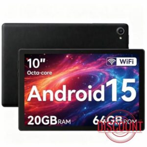 Hakaug Tablet 10 Inch Android 15 Tablets PC Octa-Core 20 GB RAM 64 GB ROM 1 TB TF Extension 1280x800 IPS Touchscreen WiFi 6 Widevine L1 Dual Camera 5000 mAh (Black)