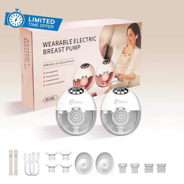 Electric Breast Pump Hands Free Wearable Portable Breastfeeding Pumps Wireless Hospital Grade Quiet Anti-Leaking with Voice Broadcast Heating 4 Mode 12 Levels Suction Double 24mm White