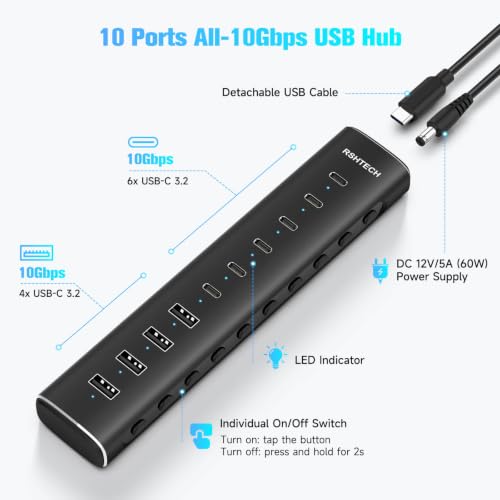 10-Port (6C+4A) USB C 3.2 10Gbps Data Hub Aluminum USB C Dock with 12V/5A Power Adapter