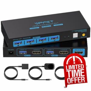 HDMI KVM Switch 2 PC 1 Monitor Support 8K@60Hz USB 3.0 KVM Switches                                                          2 computers Share 1 Monitor and 4 USB 3.0 devices such as Keyboard Mouse Printer. Power Adapter and Wired Controller Included