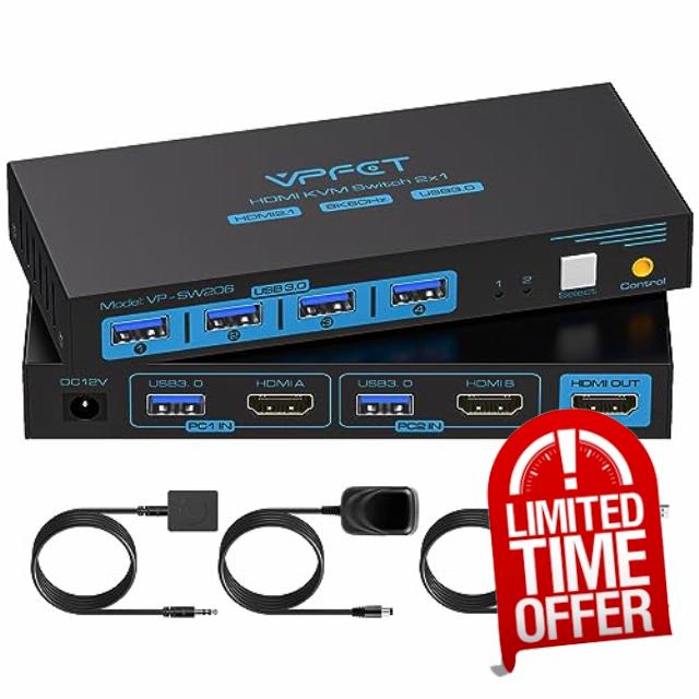 HDMI KVM Switch 2 PC 1 Monitor Support 8K@60Hz USB 3.0 KVM Switches                                                          2 computers Share 1 Monitor and 4 USB 3.0 devices such as Keyboard Mouse Printer. Power Adapter and Wired Controller Included