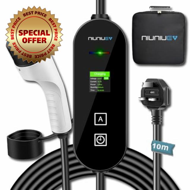 10M 3 Pin EV charger Granny charger 3KW 13A Type 2 Charging Cable NIUNIUEV®                                                          Portable Electric Car Charger 3 Pin Plug UK with LED Display/Timing function