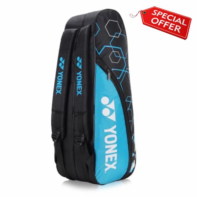 Yonex Stylish Badminton Kit-Bag |Double Zipper Compartment for Storage of 6 Rackets and Clothes|Side Pocket |Back Straps |Accessories Compartment |Made in India