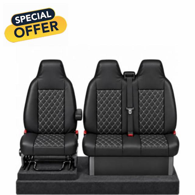 FOR PEUGEOT BOXER ALL MODELS - Premium Luxury Van Seat Covers Single Drivers And Double Passengers Seat Covers - 2+1 - Black Quilted Diamond Leathe