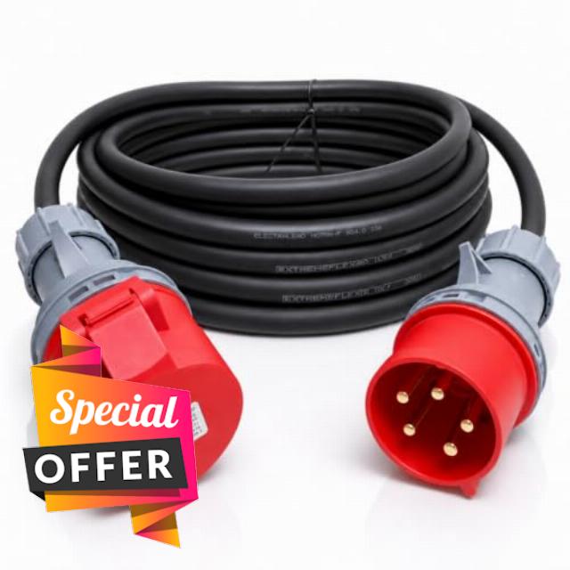 3 Phase Extension Lead - 32A 5-Pin 10m 415V IP44 H07RN-F Heavy Duty Rubber Cable - PAT tested 10 Metre