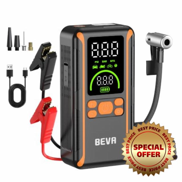 Jump Starter Power Pack with Air Compressor with Smart Safety Clamps                                                          12V Car Battery Booster