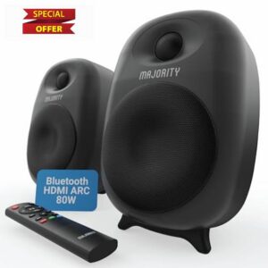 MAJORITY D80 Active Bluetooth Bookshelf Speakers | 80W Speakers for TV & PC                                                          Silk Dome Tweeters & Custom EQ | Amplified 4" Drivers | HDMI ARC