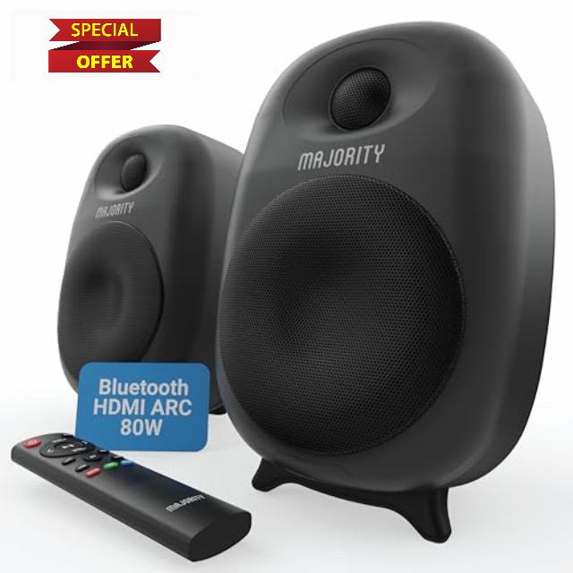 MAJORITY D80 Active Bluetooth Bookshelf Speakers | 80W Speakers for TV & PC                                                          Silk Dome Tweeters & Custom EQ | Amplified 4" Drivers | HDMI ARC