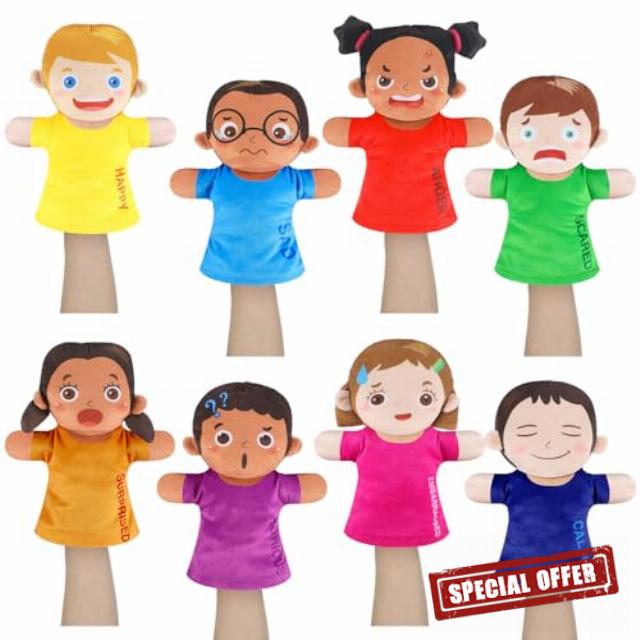 Gemscream 8 Pcs Feelings Hand Puppets with 8 Emotions Soft Plush Multicultural Puppets Ventriloquist Emotion Dolls for Social Emotional Learning Activities Theater Shows Teachers Classroom Supplies