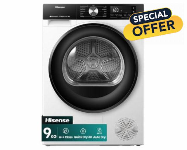 3S Series DH3S902BWCC 9kg Load Capacity - A++ Energy Rating - Wifi Connected - Quick Dry 30" Mins - Heat Pump Condenser Tumble Dryer - HxWxD (cm) 84x59x59-2 Year Warranty           [Energy Class A]