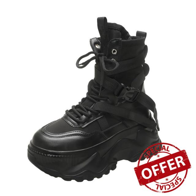 Women's Platform High Top Sneakers Chunky Wedge Goth Lace Up Ankle Boots                                                          Canvas Upper