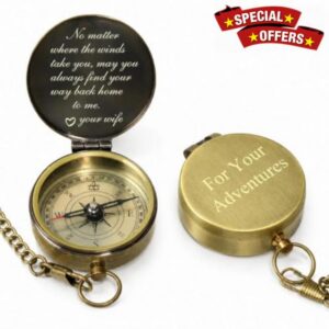 Personalized Engraved Brass Pocket Compass with Chain and Leather Case                                                          Custom