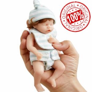 Gcroet Mini Silicone Baby Doll 6-Inch Soft Skin Realistic Mini Baby Dolls with Hat and White Blue Strip Clothes for Novice Parents