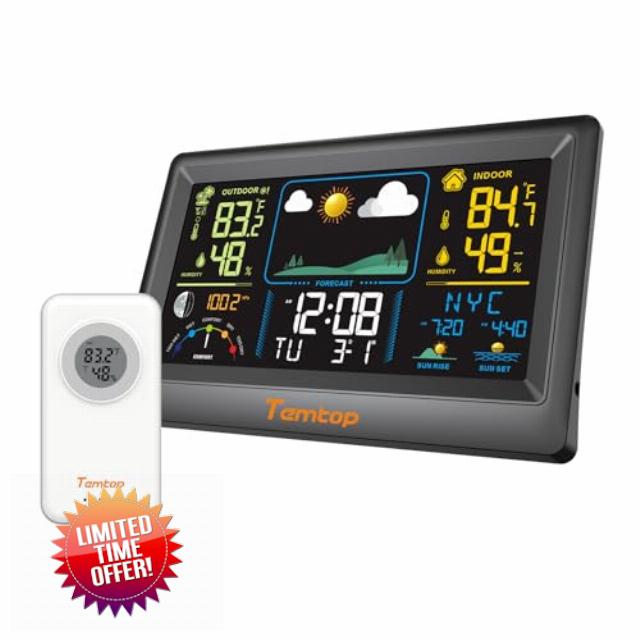 Temtop Weather Station Indoor with Outdoor Sensor Wireless Digital Thermometer Alarm Clock with Weather Forecast Barometric Pressure Moon Phase Sunrise Temperature Humidity Monitor for Home