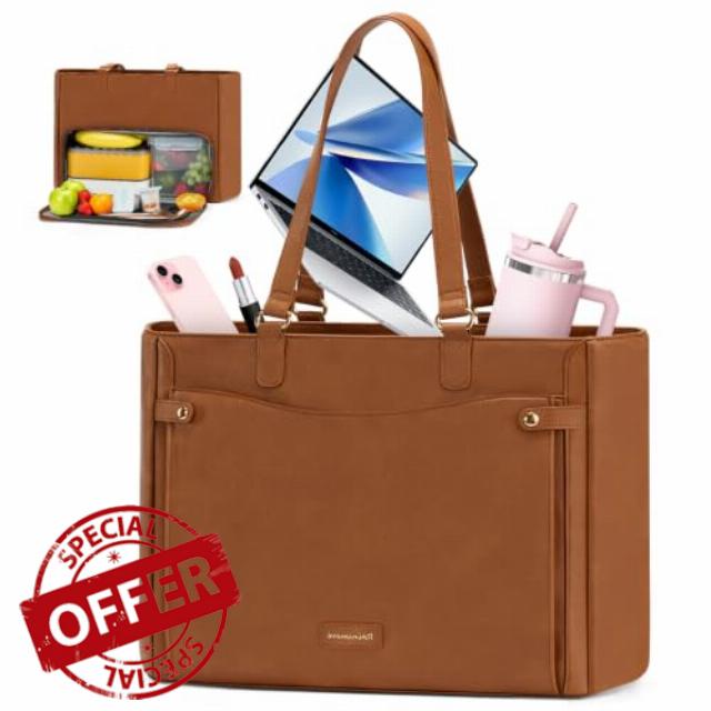 RAINSMORE Laptop Bags for Women Work Bag with Lunch Compartment                                                          15.6 Inch Laptop Handbag Large Tote Bags for women Waterproof PU Leather Teacher Tote Bag for School Nurse Office College