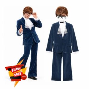 Mens Retro 60s Spy Costume Set Jacket Trousers Wig Glasses Blue                                                          blue velour suit jacket and trousers