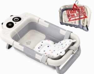 Foldable Baby Bath Tub Newborn Support Seat with Cushion & Thermometer                                                          Grey Panda Collapsible Infant Bathtub