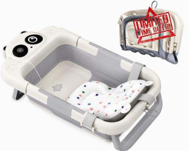 Foldable Baby Bath Tub Newborn Support Seat with Cushion & Thermometer                                                          Grey Panda Collapsible Infant Bathtub