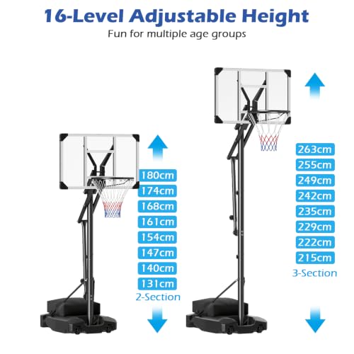 131-263 cm Rim Height Adjustable Basketball Goal                                                          Portable Basketball Hoop Set with Fillable Base
